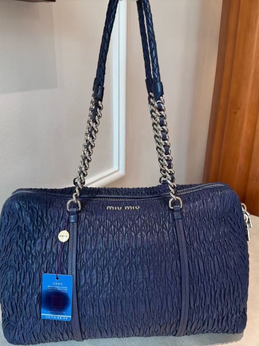 N16 Pre-Owned Miu Miu Navy Sheepskin Chain Bag Medium